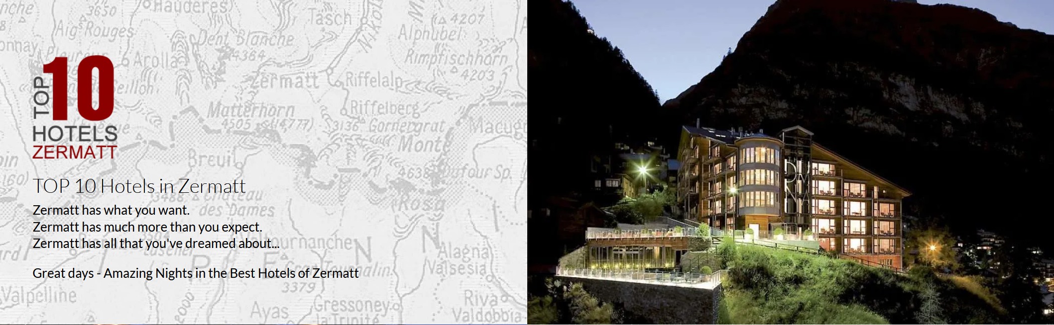 TOP 10 Hotels Zermatt beside a luxury alpine hotel lit at night